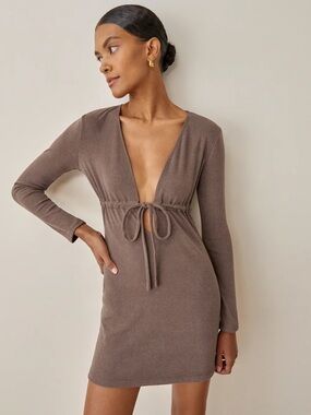 Reformation Brown Long Sleeve Deep V Karah Mini Pullover Dress Size XS